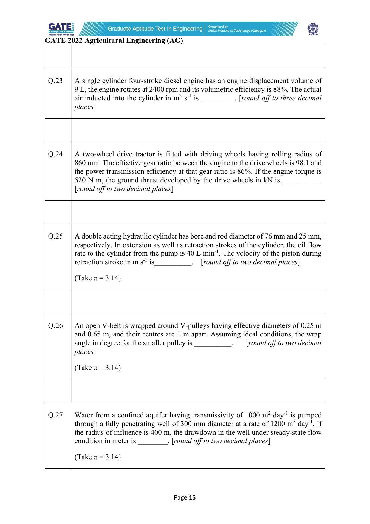 GATE 2022 Agricultural Engineering (AG) Question Paper - Page 15