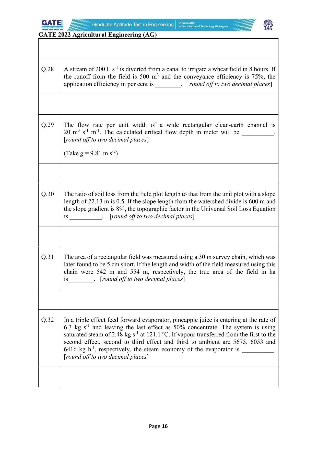 GATE 2022 Agricultural Engineering (AG) Question Paper - Page 16