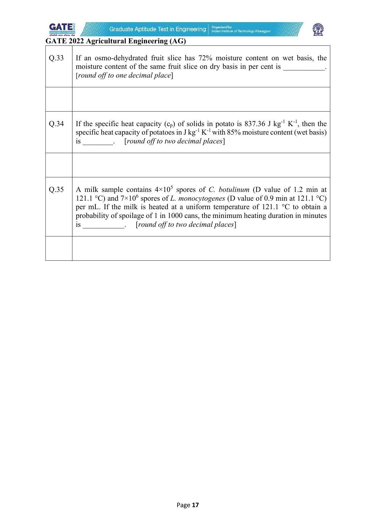 GATE 2022 Agricultural Engineering (AG) Question Paper - Page 17