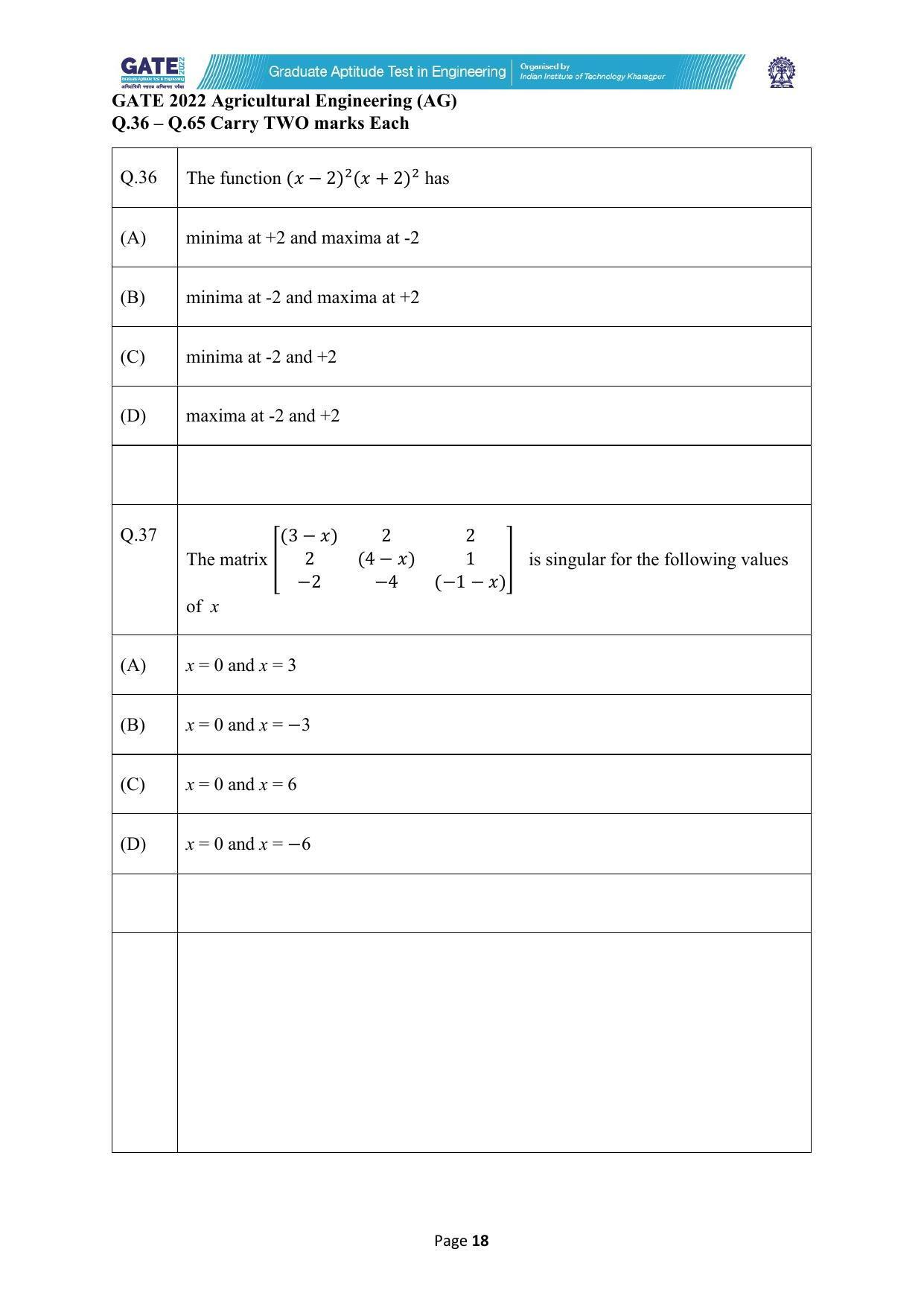 GATE 2022 Agricultural Engineering (AG) Question Paper - Page 18