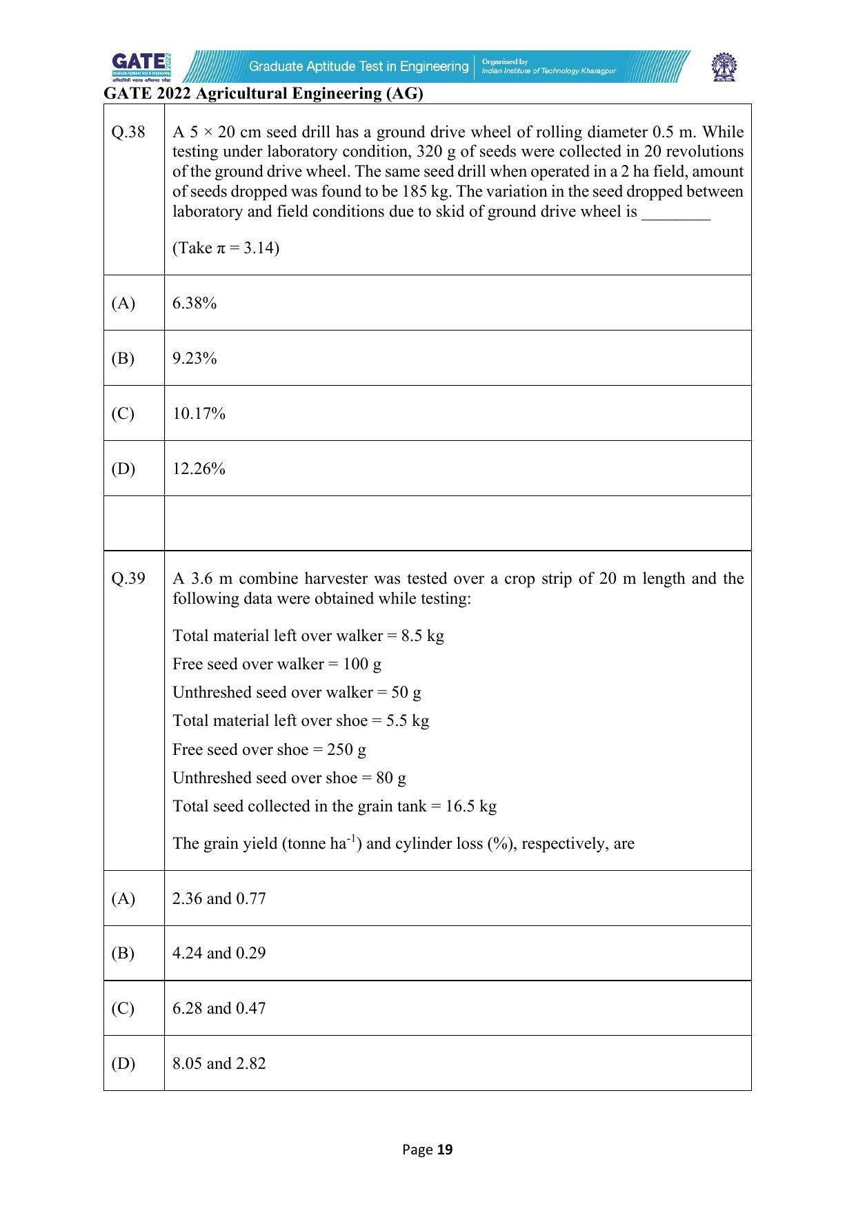 GATE 2022 Agricultural Engineering (AG) Question Paper - Page 19