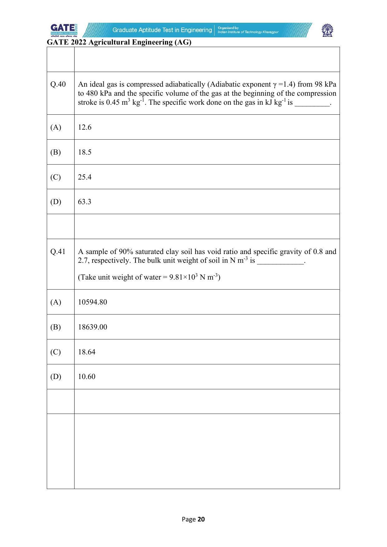 GATE 2022 Agricultural Engineering (AG) Question Paper - Page 20