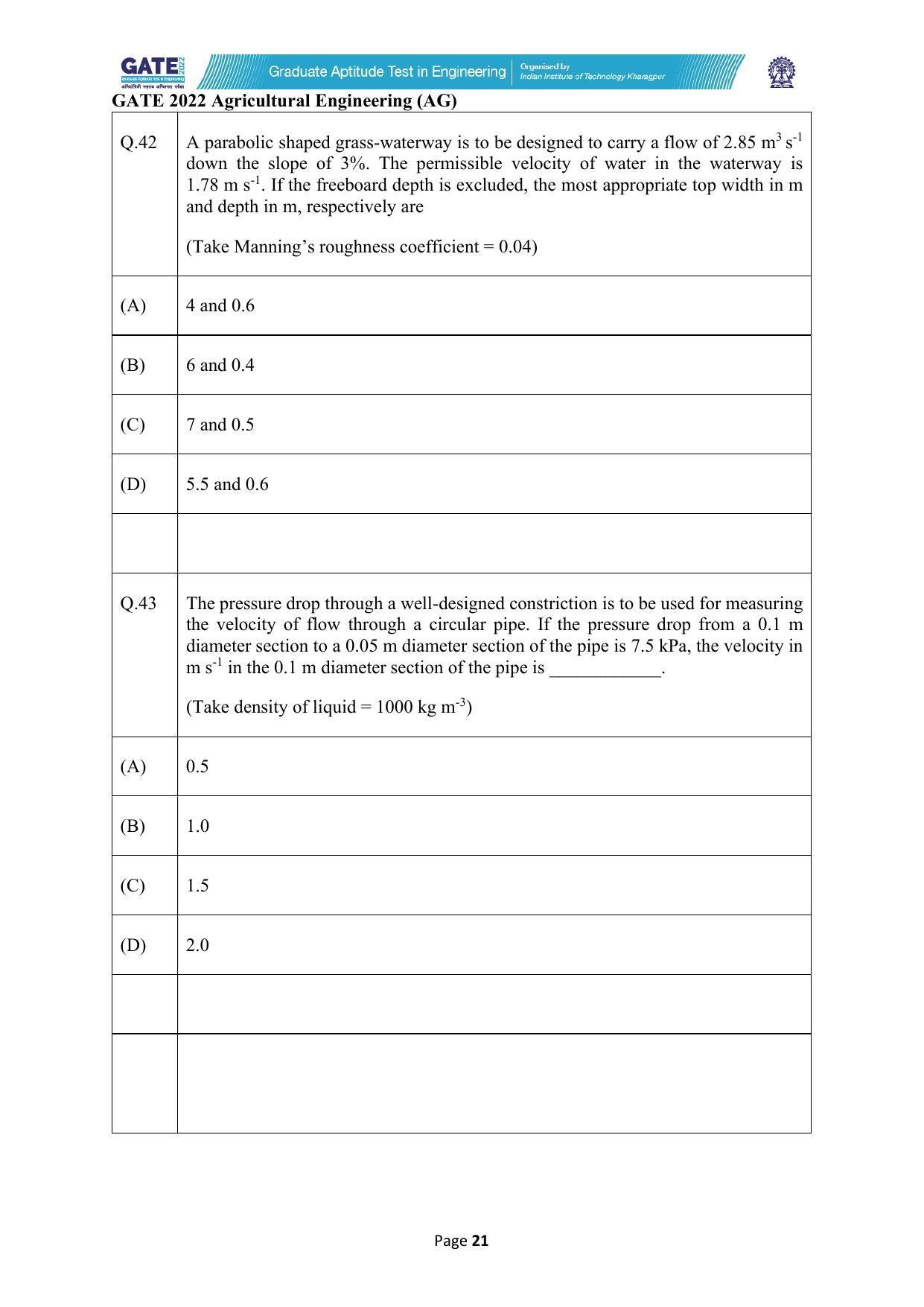 GATE 2022 Agricultural Engineering (AG) Question Paper - Page 21