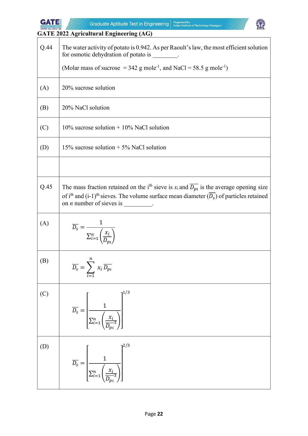 GATE 2022 Agricultural Engineering (AG) Question Paper - Page 22