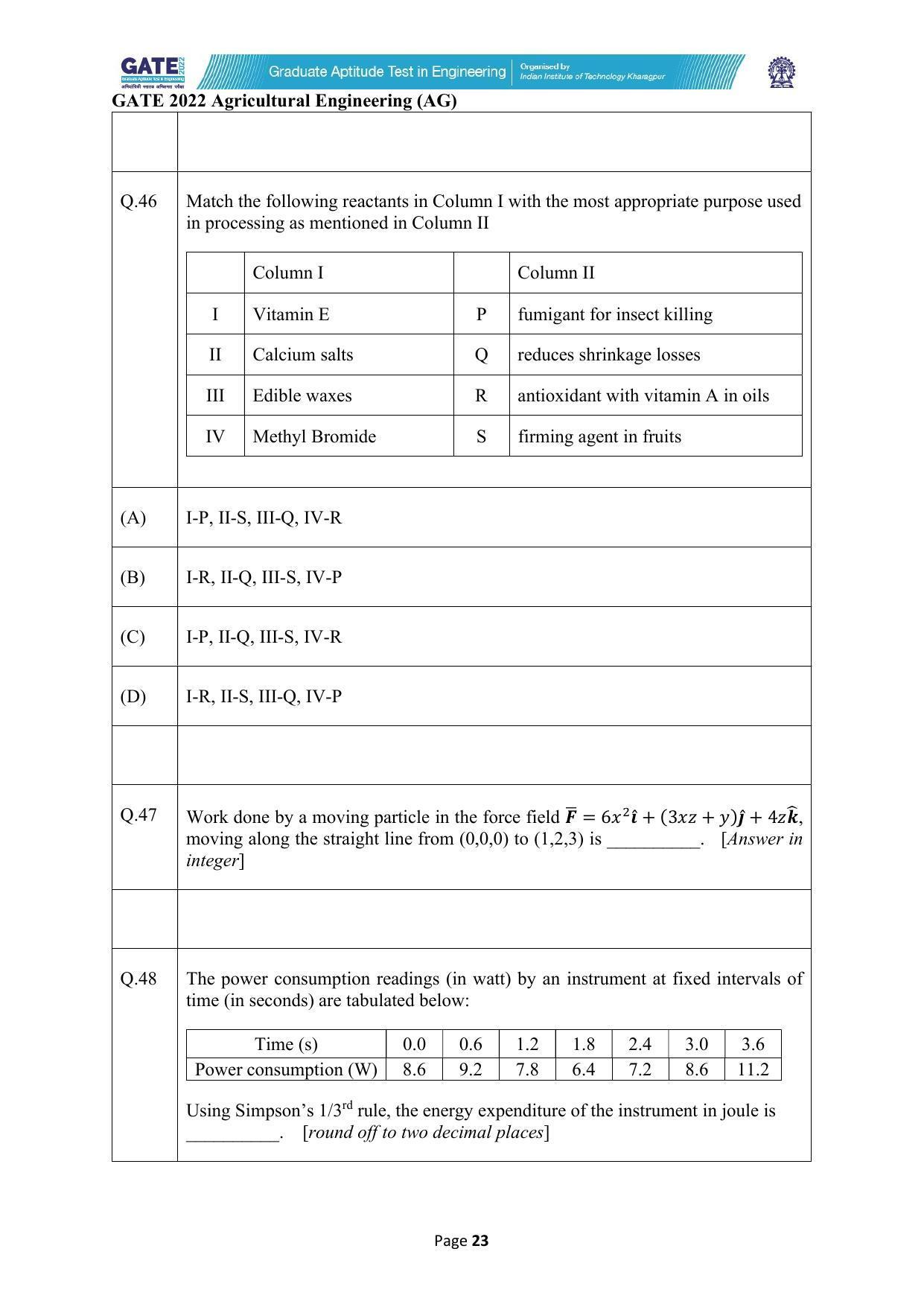 GATE 2022 Agricultural Engineering (AG) Question Paper - Page 23