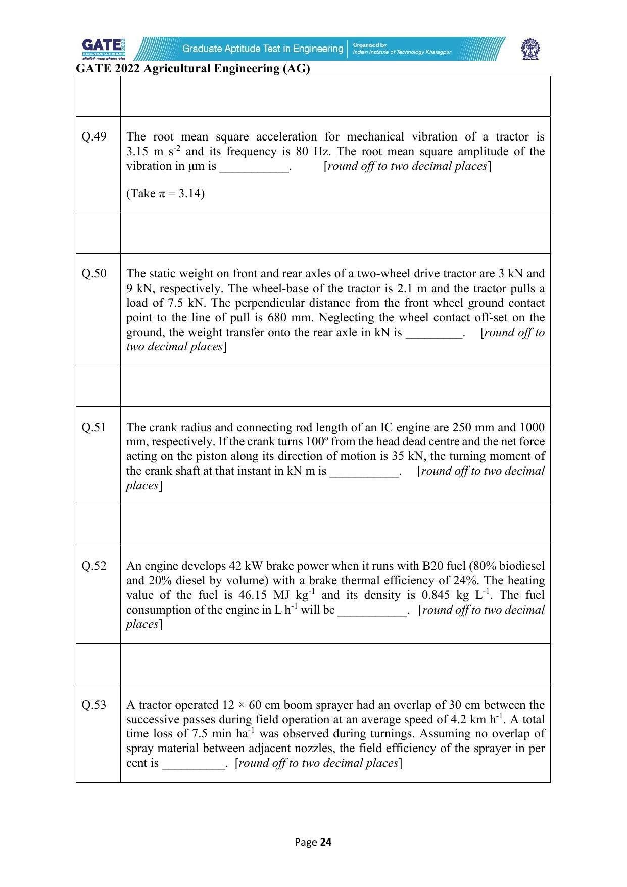 GATE 2022 Agricultural Engineering (AG) Question Paper - Page 24