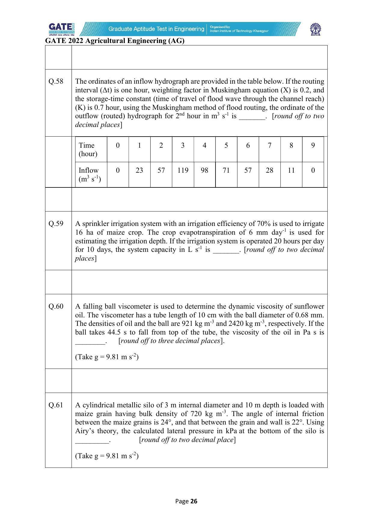 GATE 2022 Agricultural Engineering (AG) Question Paper - Page 26