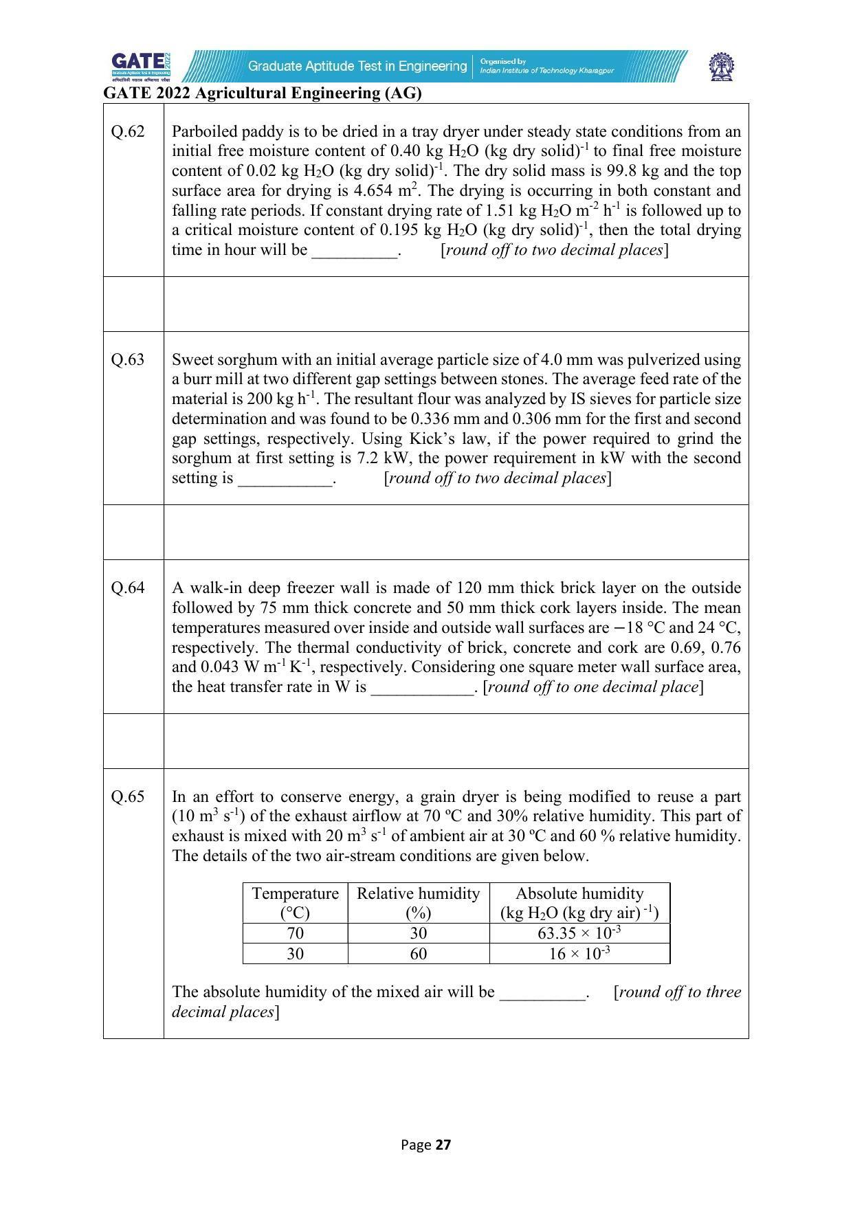 GATE 2022 Agricultural Engineering (AG) Question Paper - Page 27