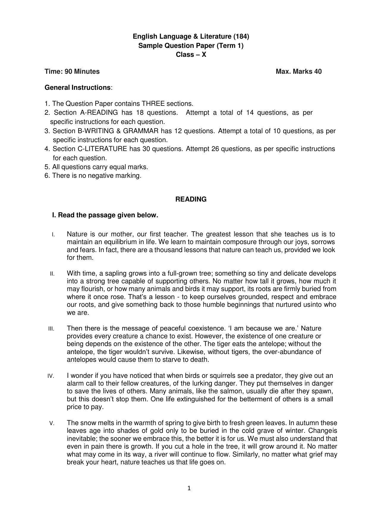 CBSE Class 10 English (Language & Literature) Sample Paper 2021-22 - Page 1