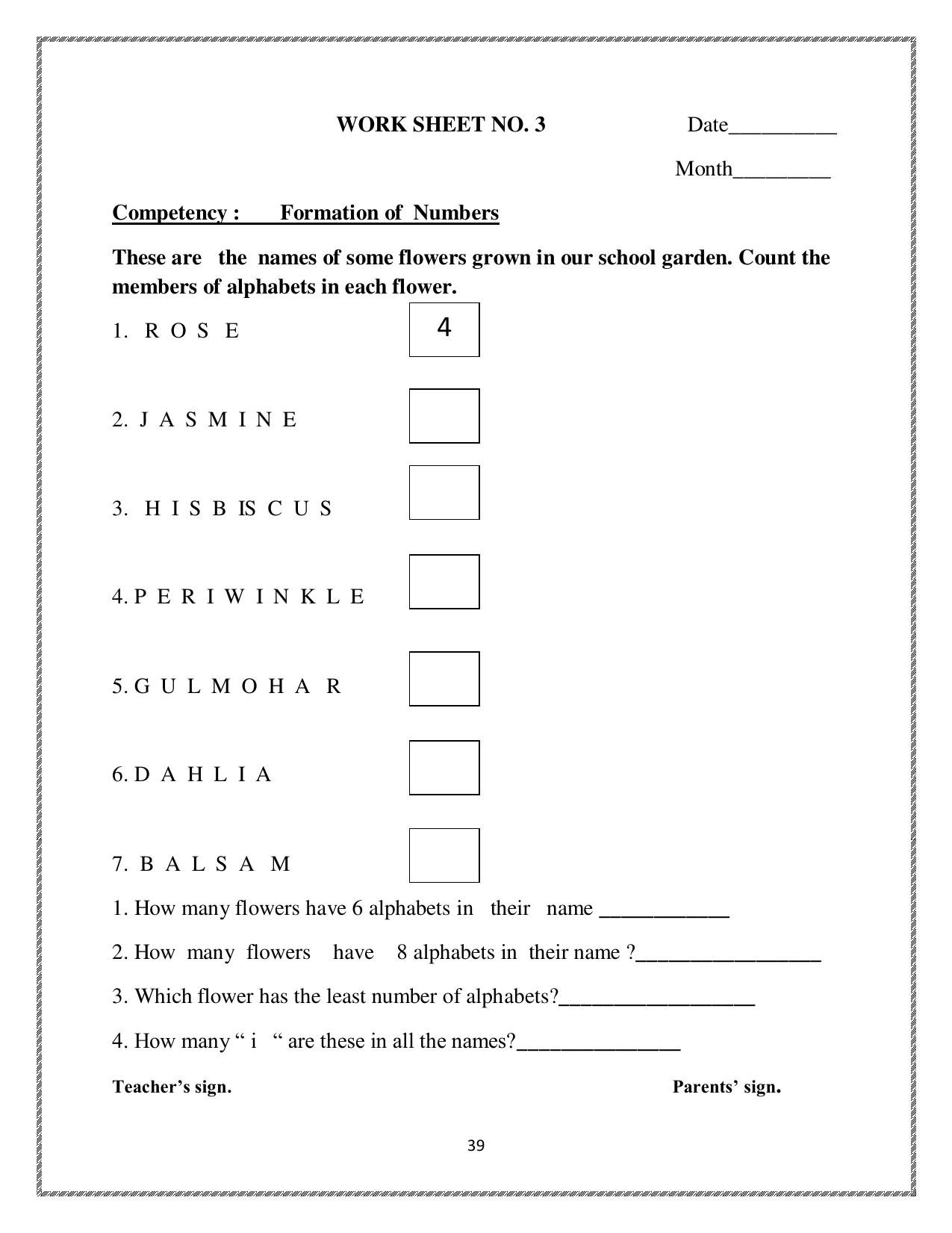 Worksheet for Class 1 Maths Data Handling Assignment 3 - Page 1
