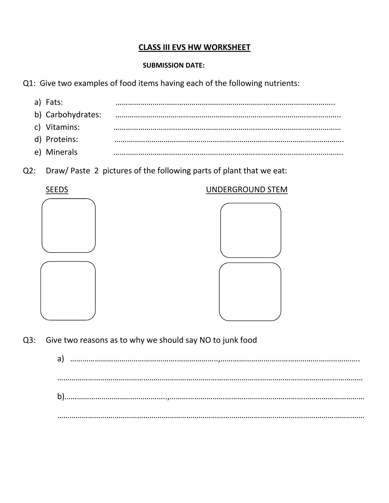 Worksheet for Class 3 EVS Assignment 53 Food - Page 1