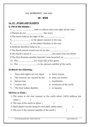 Worksheet for Class 4 Environmental Studies Stars and Planets Assignment