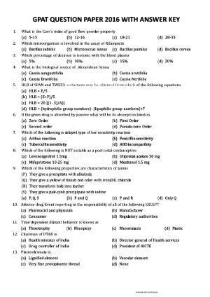 GPAT 2016 Question Papers with Answer Key