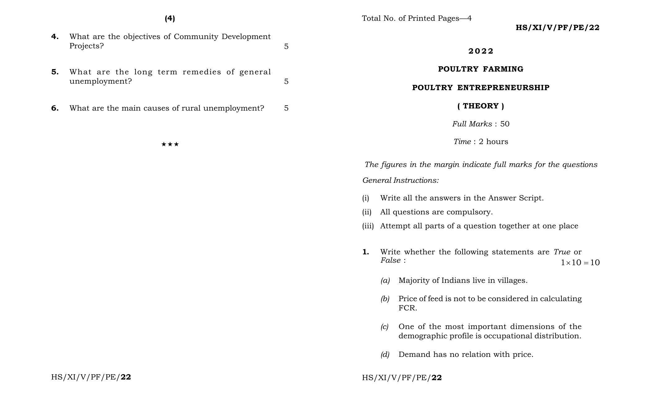 Meghalaya Board (MBOSE) Class 11 Poultry Entrepreneurship (theory) 2022 Question Paper - Page 1