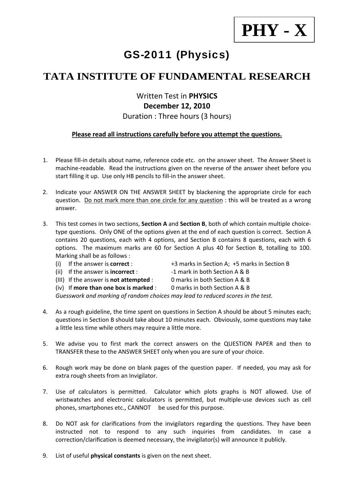 TIFR GS 2011 Physics Question Paper - Page 1