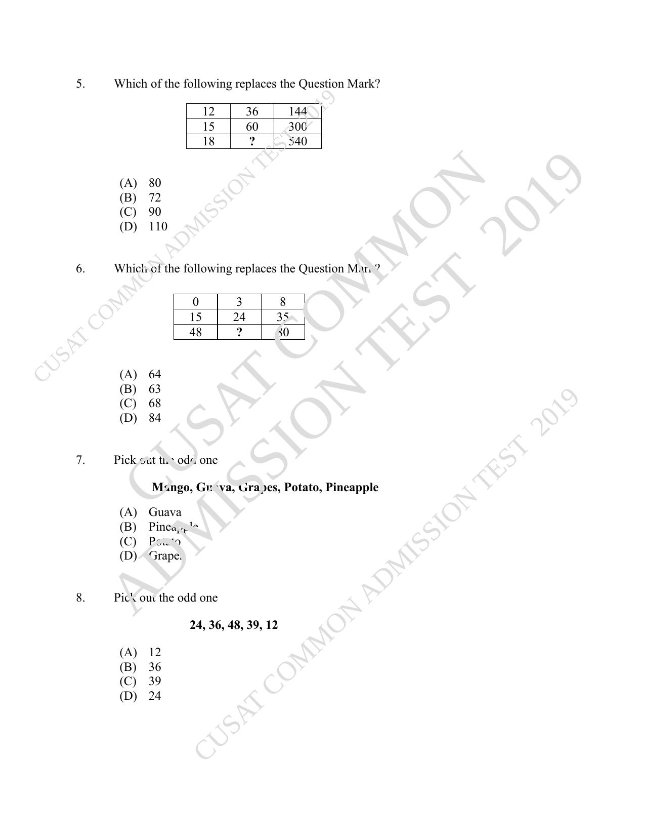 CUSAT CAT 2019 B.Voc Question Paper With Answer Key - Page 2