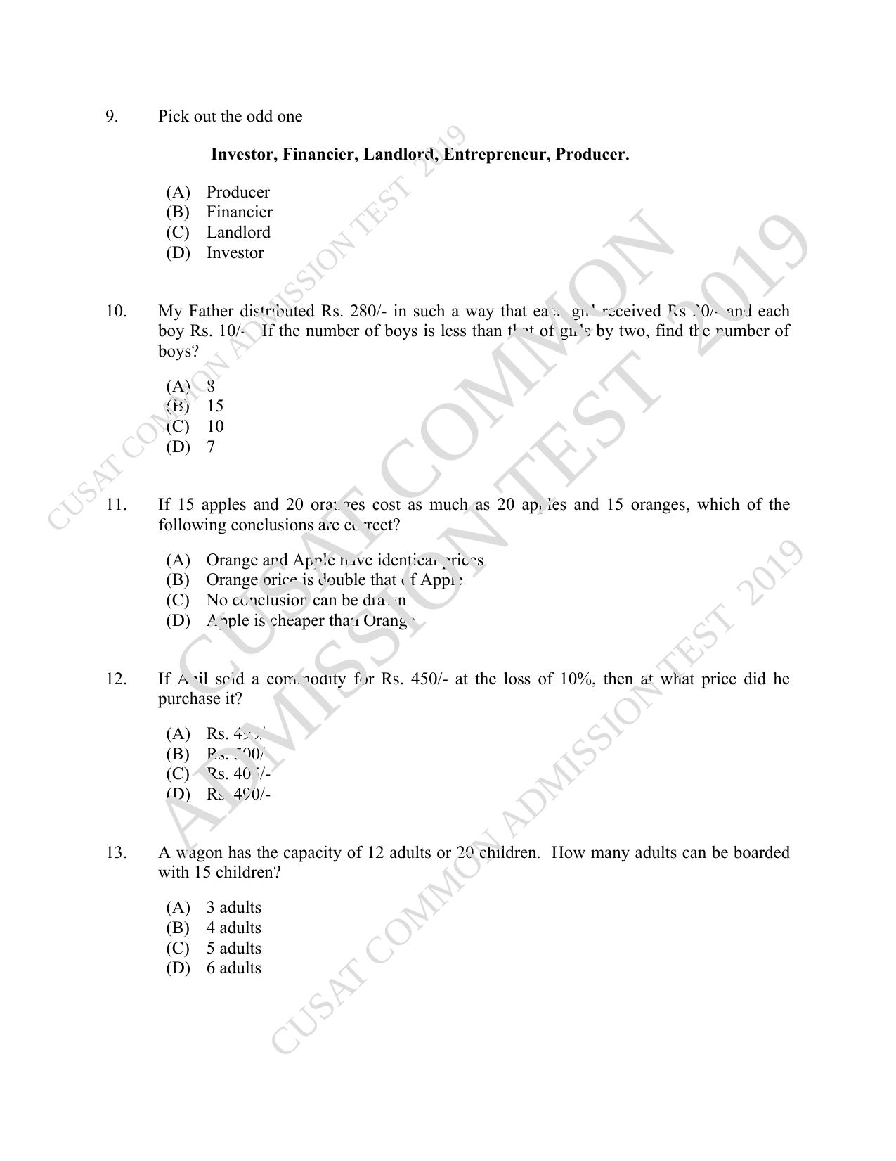 CUSAT CAT 2019 B.Voc Question Paper With Answer Key - Page 3