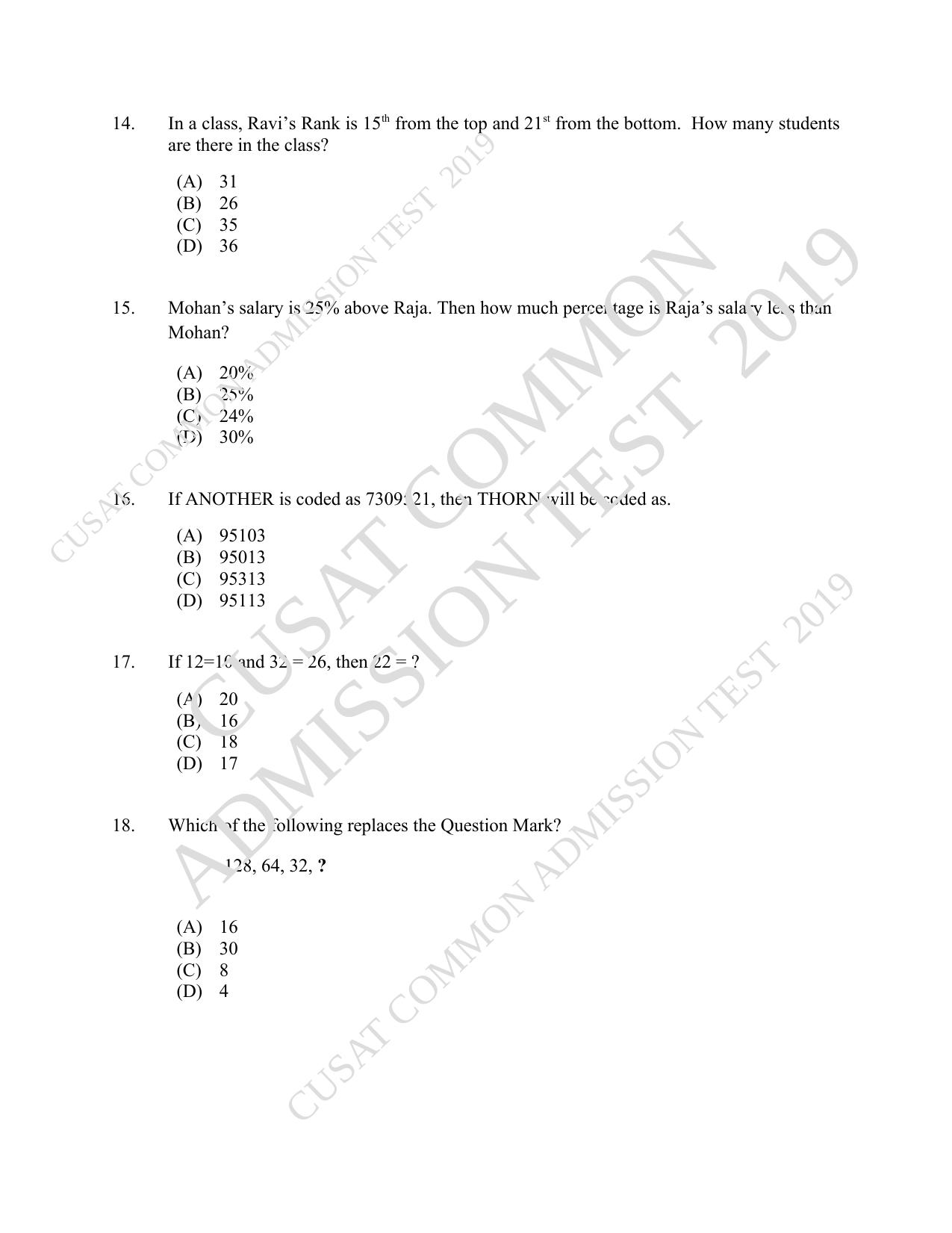 CUSAT CAT 2019 B.Voc Question Paper With Answer Key - Page 4