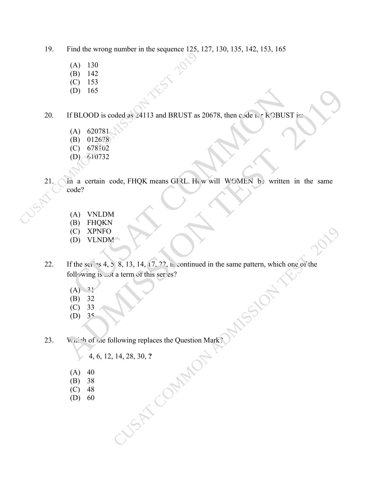 CUSAT CAT 2019 B.Voc Question Paper With Answer Key - Page 5
