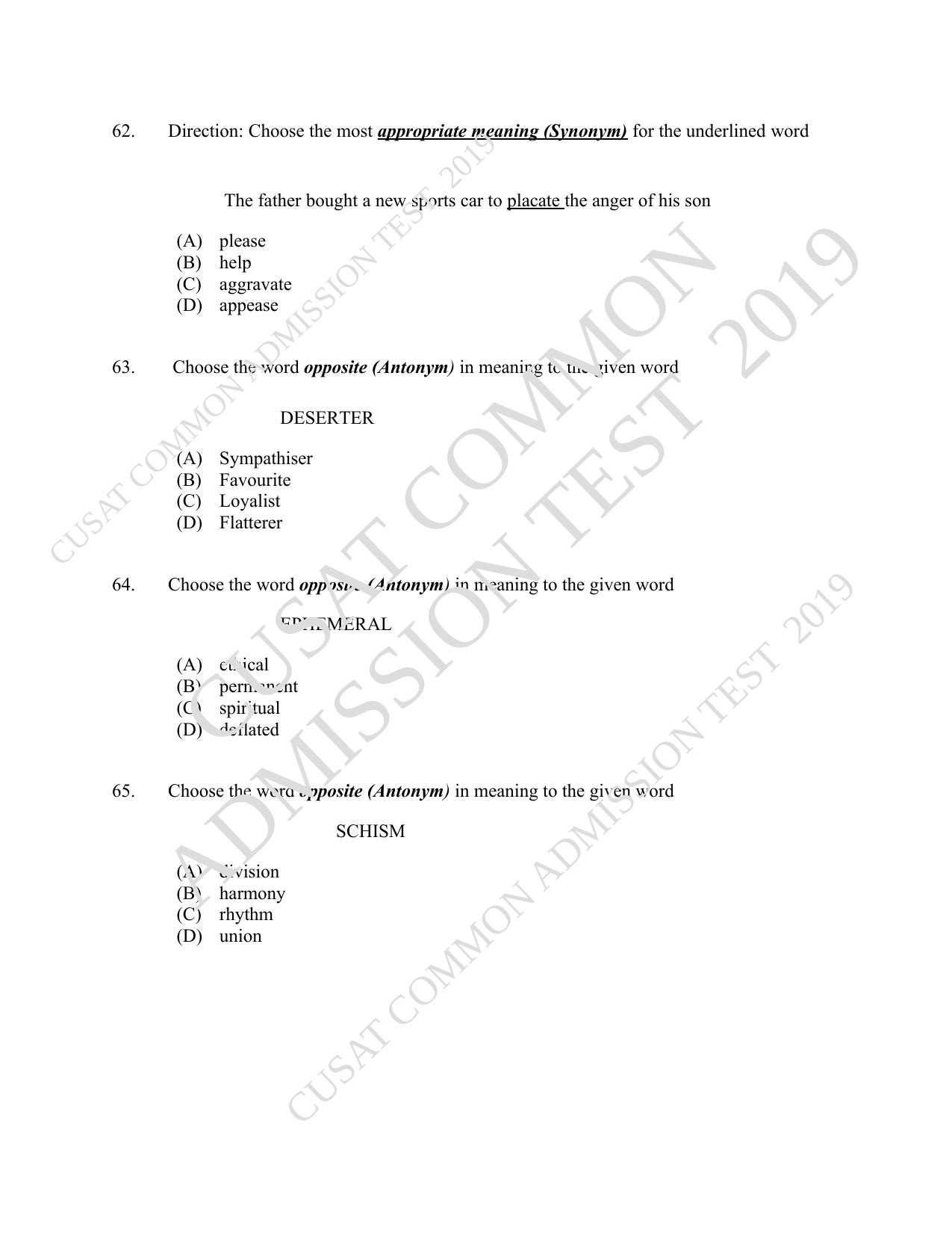 CUSAT CAT 2019 B.Voc Question Paper With Answer Key - Page 15