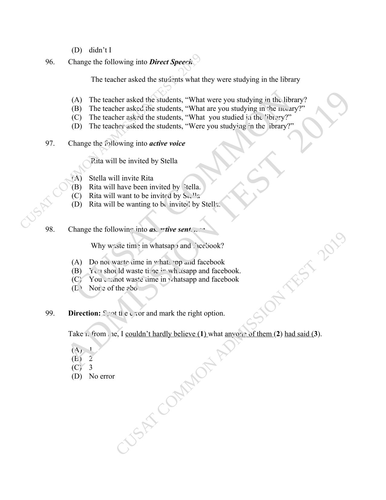 CUSAT CAT 2019 B.Voc Question Paper With Answer Key - Page 23