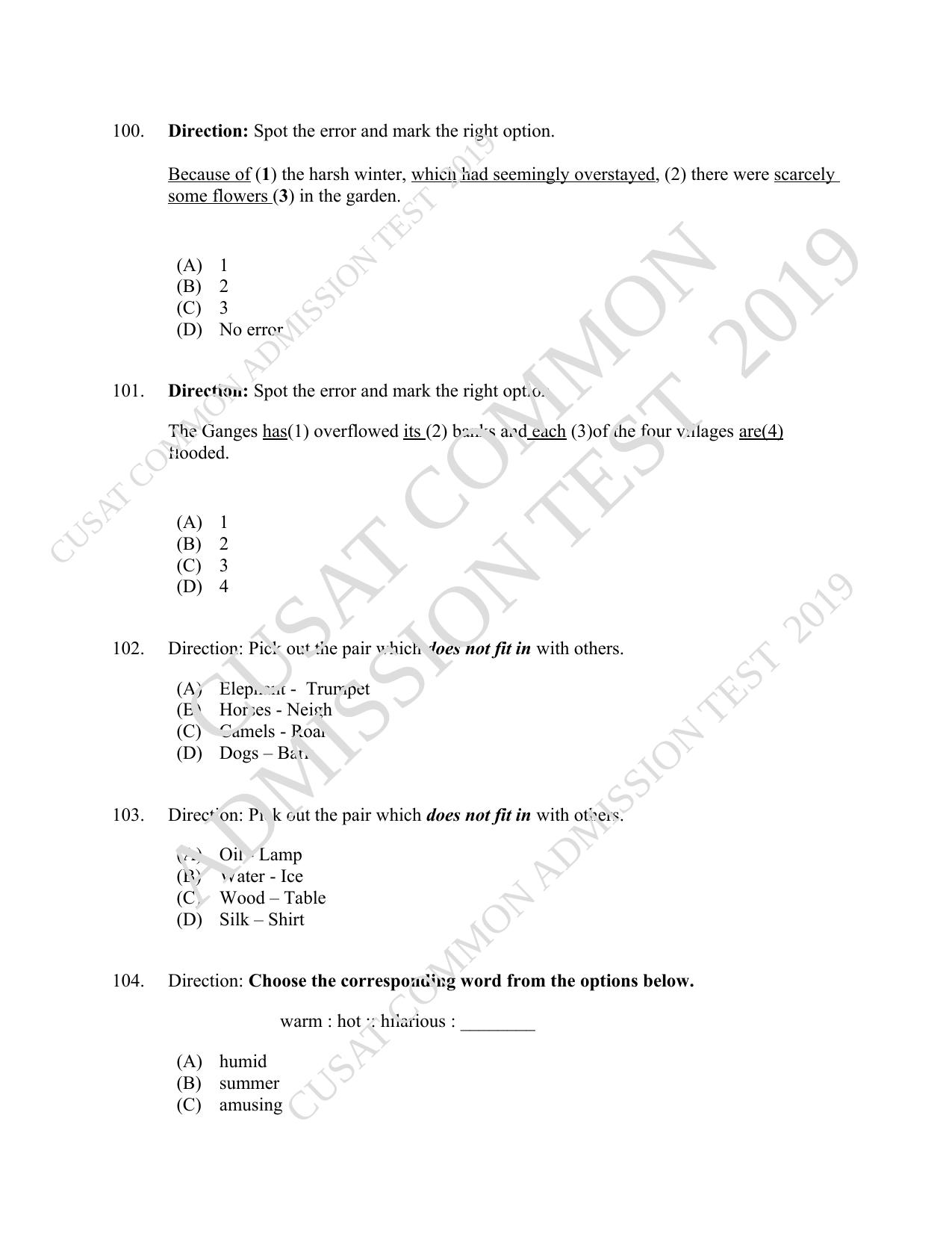 CUSAT CAT 2019 B.Voc Question Paper With Answer Key - Page 24