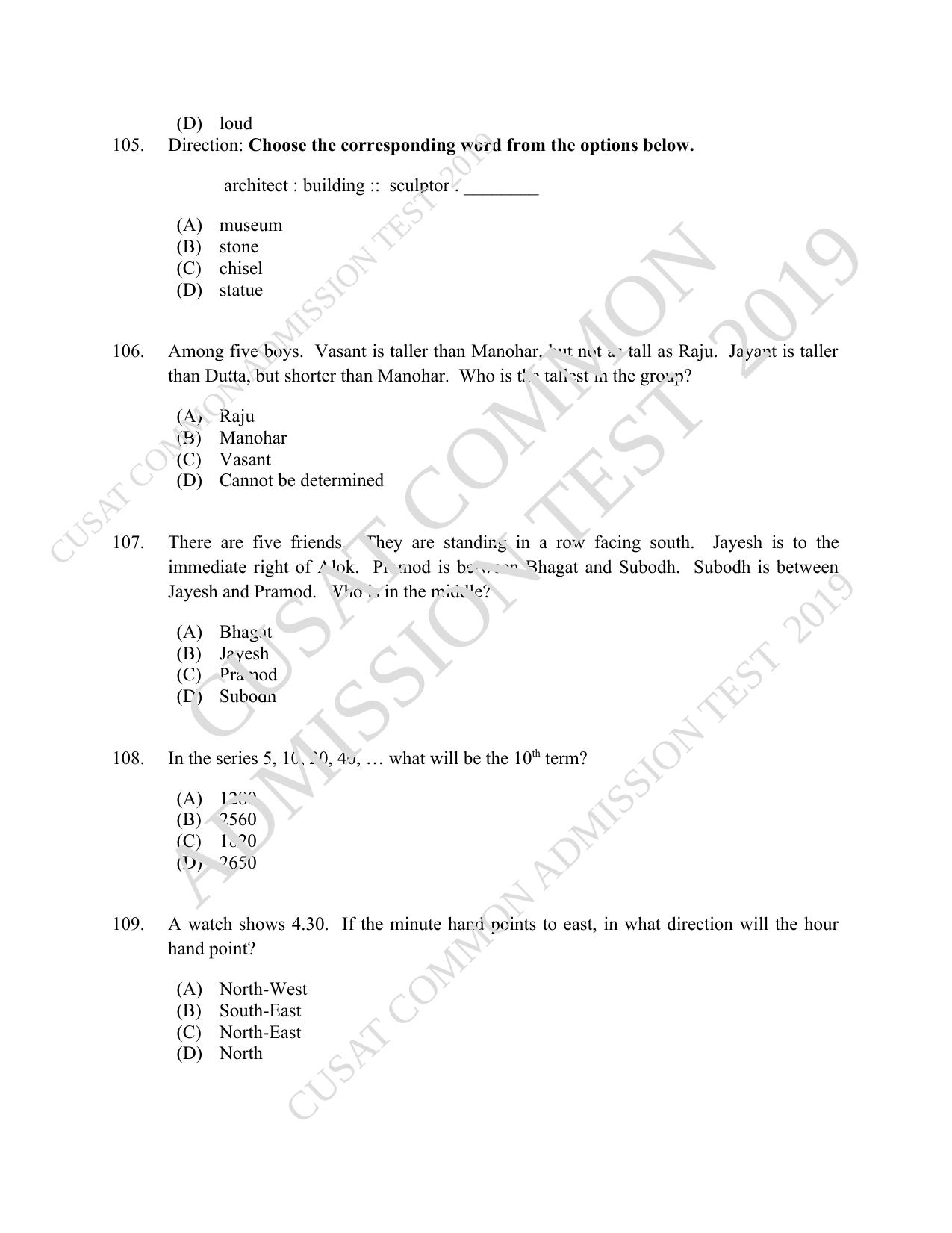 CUSAT CAT 2019 B.Voc Question Paper With Answer Key - Page 25