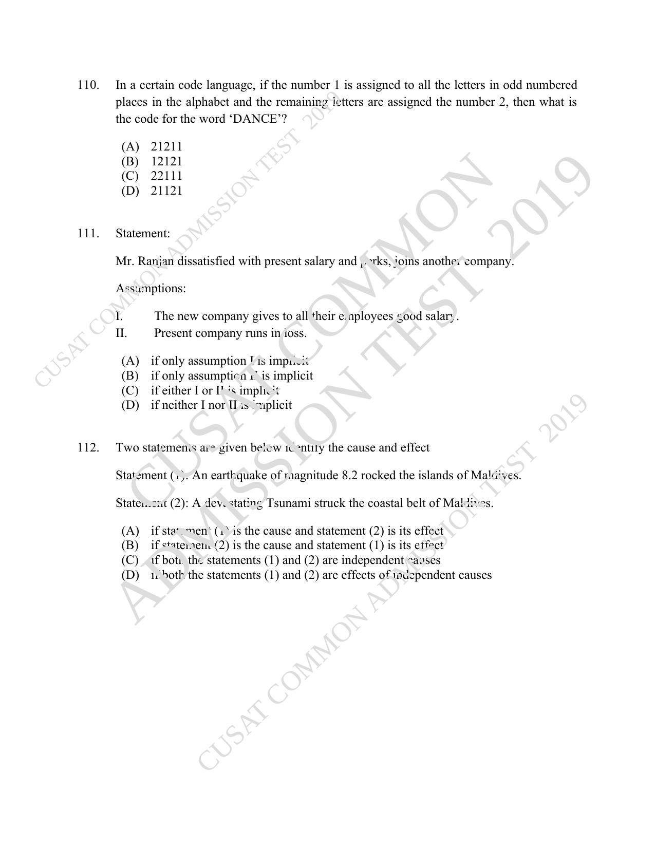 CUSAT CAT 2019 B.Voc Question Paper With Answer Key - Page 26