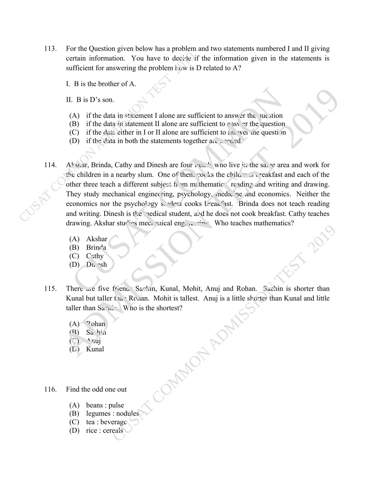 CUSAT CAT 2019 B.Voc Question Paper With Answer Key - Page 27
