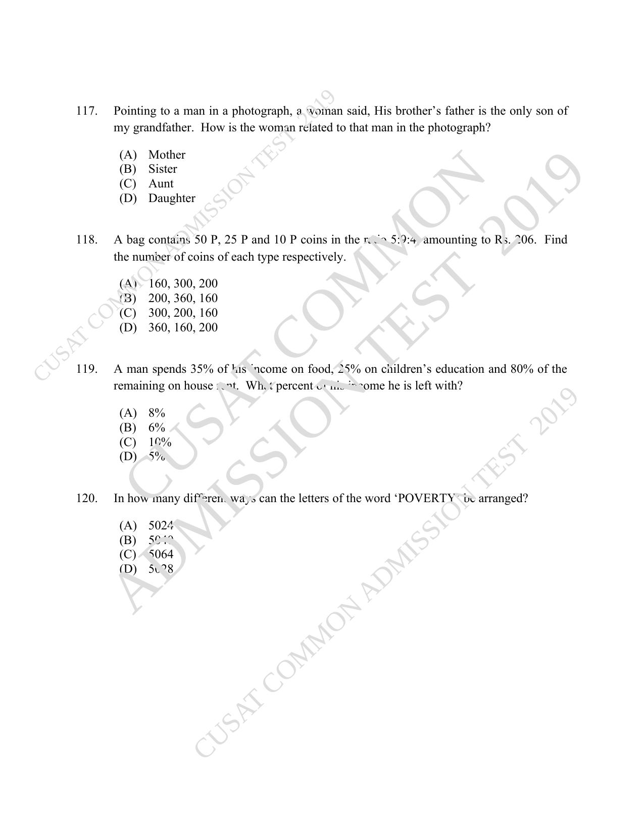 CUSAT CAT 2019 B.Voc Question Paper With Answer Key - Page 28