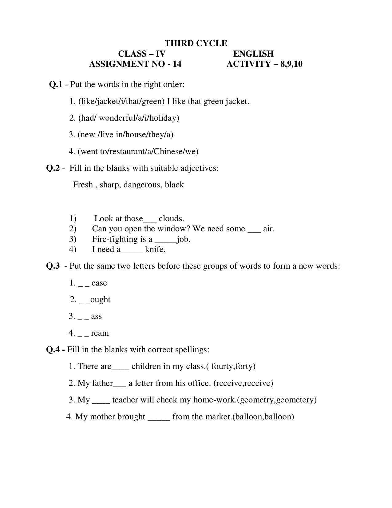 Worksheet for Class 4 English Assignment 6 - Page 1