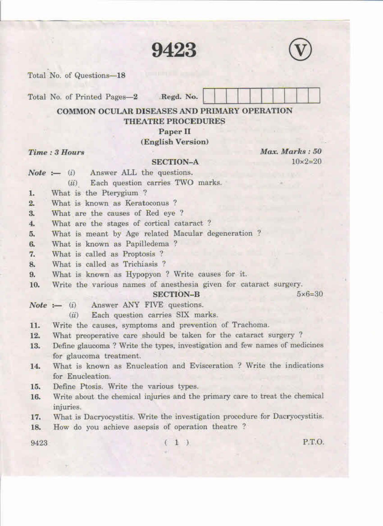 AP Inter 2nd Year Common Ocular Diseases and Primary Operation Theatre Procedures-II May-2019-Vocational Question Paper - Page 1