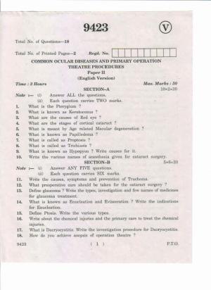 AP Inter 2nd Year Common Ocular Diseases and Primary Operation Theatre Procedures-II May-2019-Vocational Question Paper