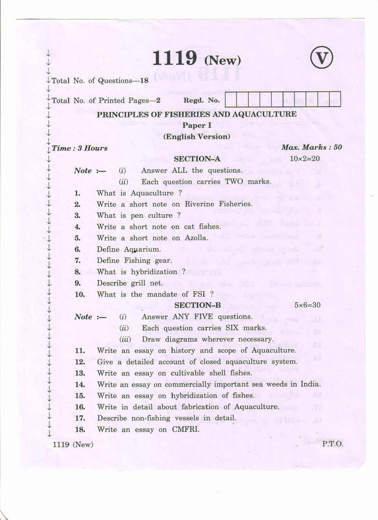 AP Inter 2nd Year Vocational Question Paper March - 2020 -  Principles of Fisheries and Aqua culture-I - Page 1