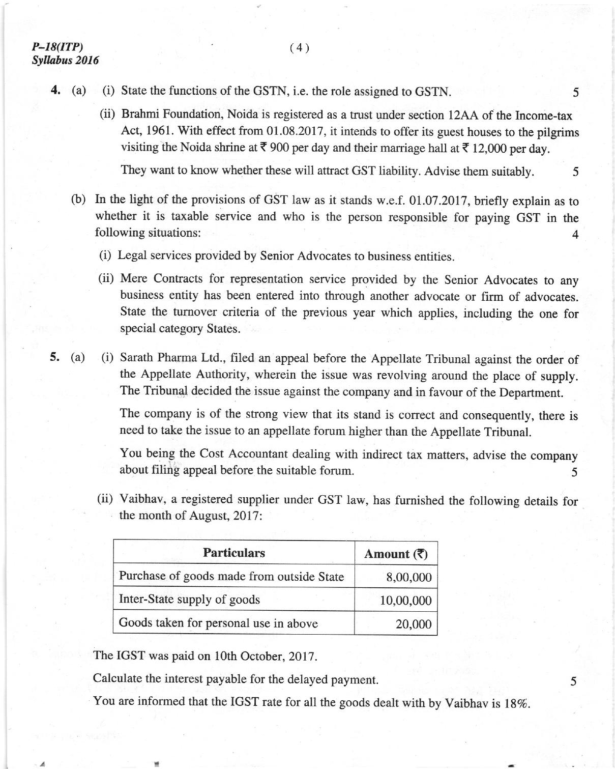 ICMAI Dec 2018 Indirect Tax Laws and Practise Question Paper (Final) - Page 4