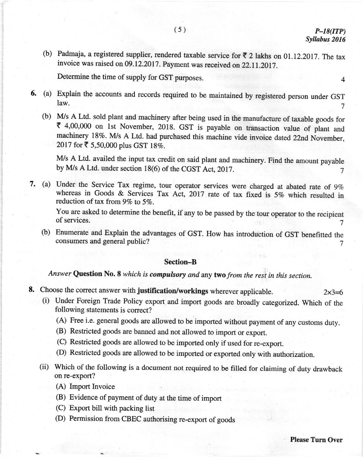 ICMAI Dec 2018 Indirect Tax Laws and Practise Question Paper (Final) - Page 5