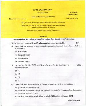ICMAI Dec 2018 Indirect Tax Laws and Practise Question Paper (Final)