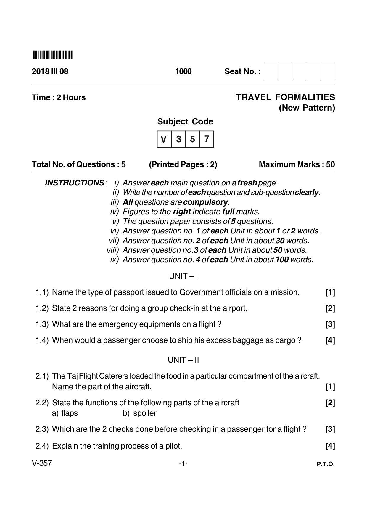 Goa Board Class 12 Travel Formalities  Voc 357 New Pattern (March 2018) Question Paper - Page 1