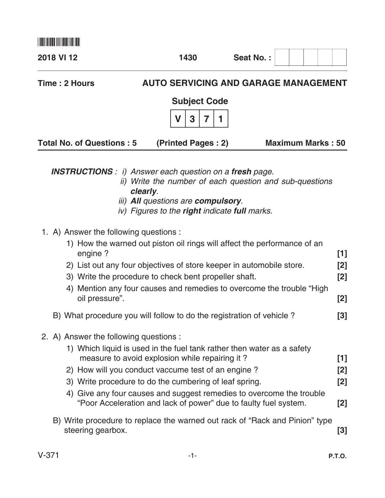 Goa Board Class 12 Auto Servicing & Garage Management  Voc 371 (June 2018) Question Paper - Page 1