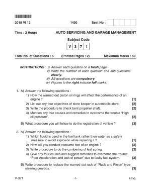 Goa Board Class 12 Auto Servicing & Garage Management  Voc 371 (June 2018) Question Paper