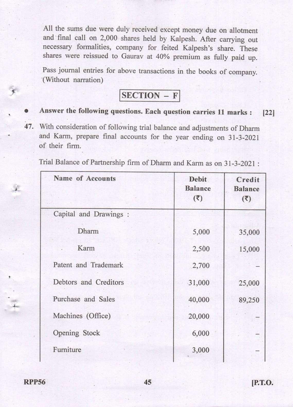 Gujarat Board Class 12th Question Paper 2022: (GHE) Elements of Accountancy - Page 45