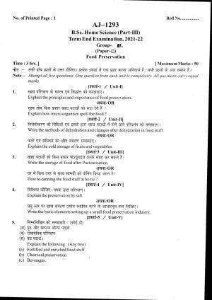 Bilaspur University Question Paper 2021-2022:B.Sc. Home Science Part-III Group I : II. Food Preservation Paper 2