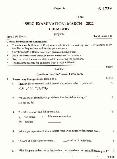 Kerala SSLC 2022 Chemistry Question Paper (EM) (Annual) - Page 1