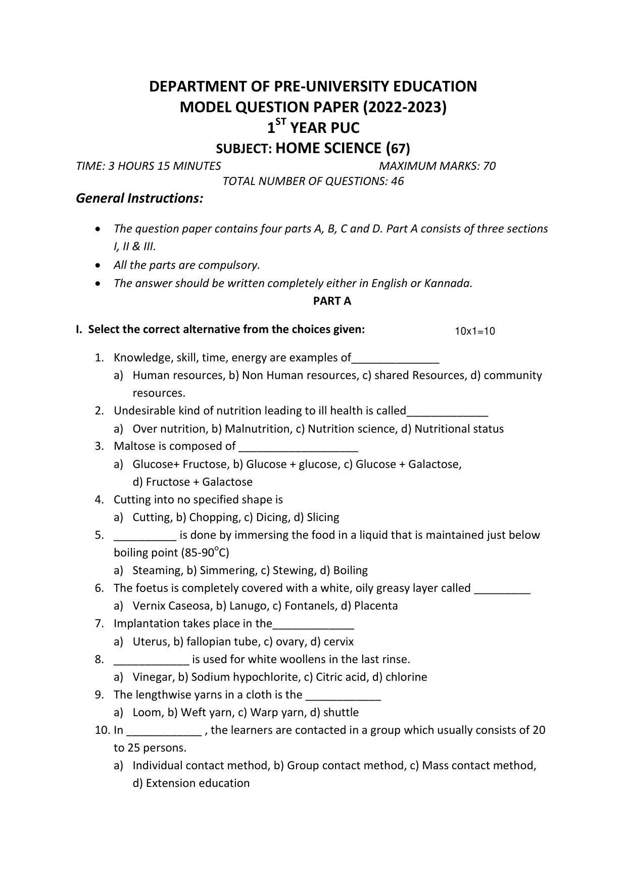 Karnataka 1st PUC HOME SCIENCE Model Question Paper - Page 2