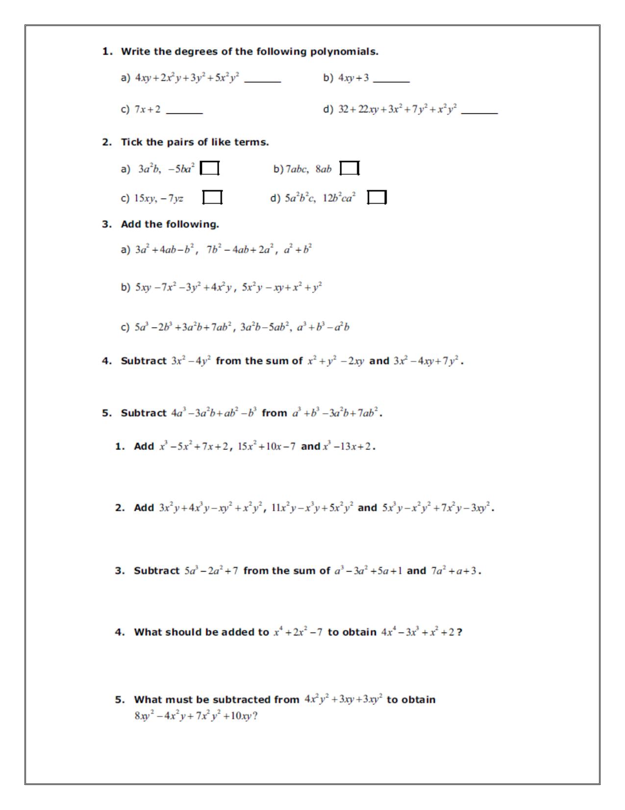 CBSE Worksheets for Class 8 Mathematics Algebraic Expressions and Identities Assignment 3 - Page 2