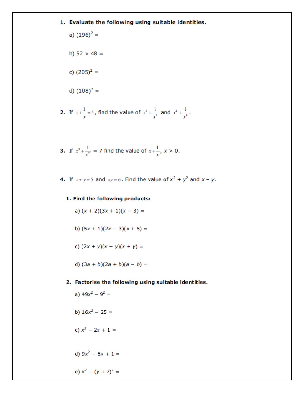 CBSE Worksheets for Class 8 Mathematics Algebraic Expressions and Identities Assignment 3 - Page 6