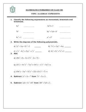 CBSE Worksheets for Class 8 Mathematics Algebraic Expressions and Identities Assignment 3