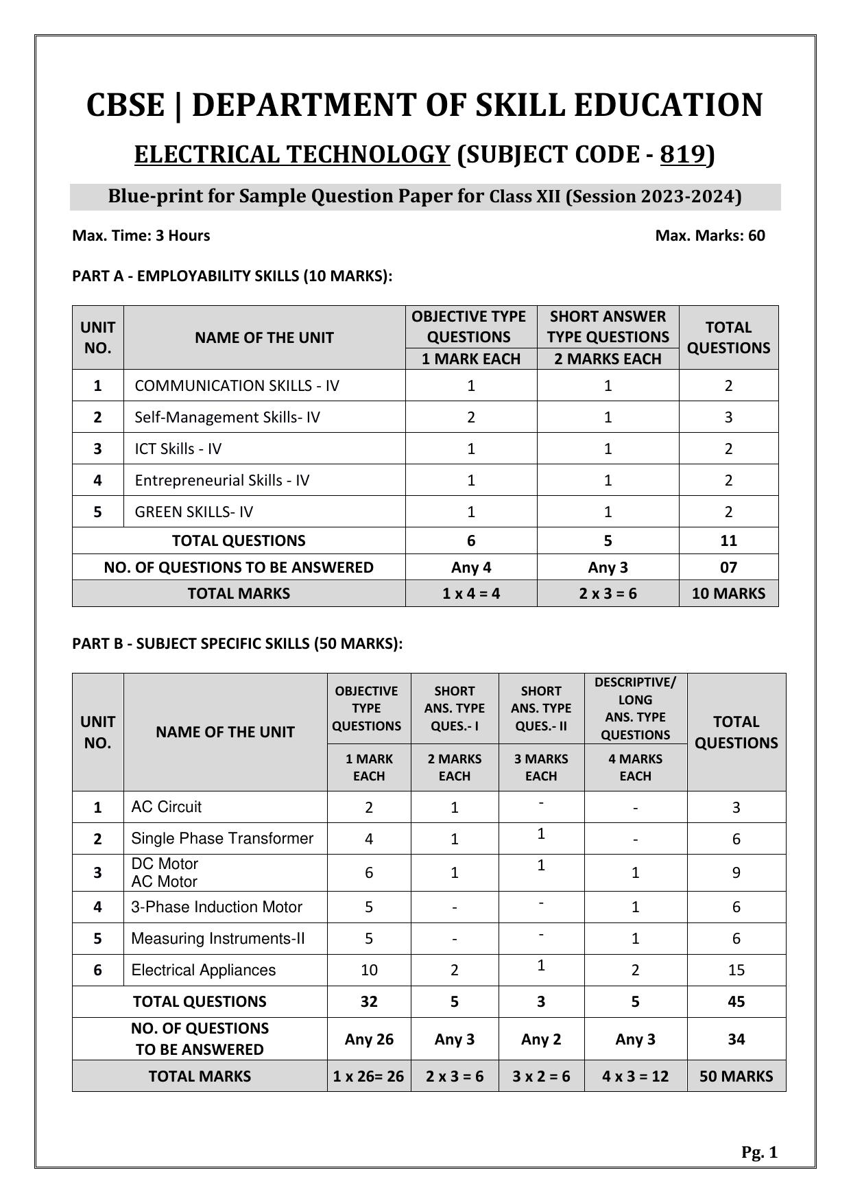 CBSE Class 12 (Skill Education) Electrical Technology 2024 Sample Paper - Page 1