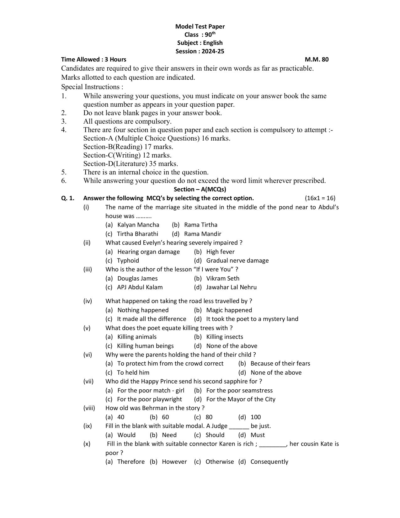 HPBOSE Class 9th English Sample Question Papers 2025 - Page 1