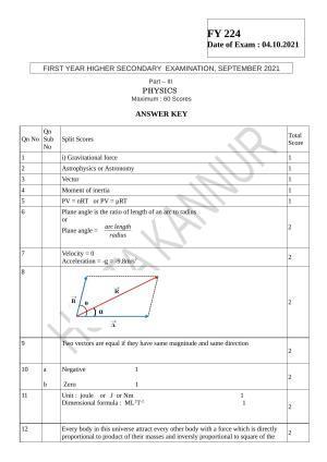 Kerala Plus One 2021 Physics Answer Key